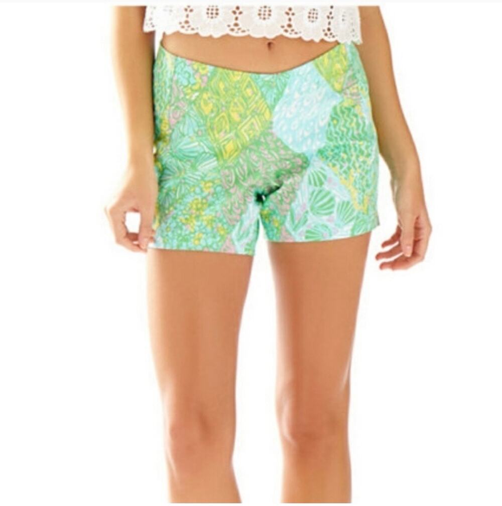 Lilly Pulitzer Deenie Shorts Womens 2 Green Sun Dance Cotton Back Zip Preppy